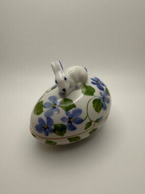 Andrea by Sadek hand-painted porcelain egg-shaped trinket box with Bunny on Lid